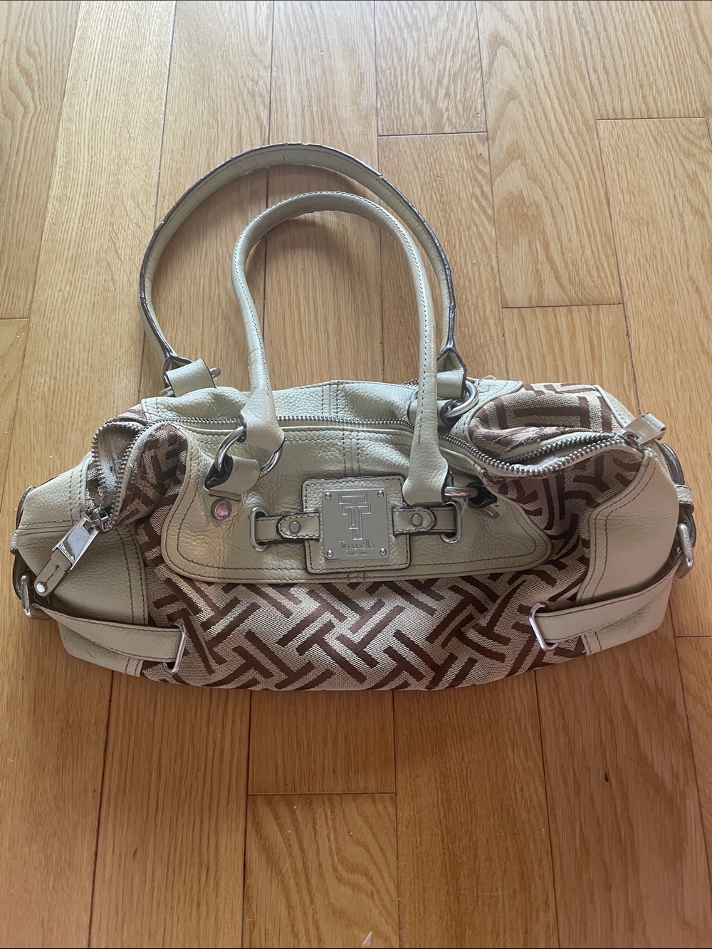 Tignanello Beige & Brown Patterned Women's Satchel Handbag